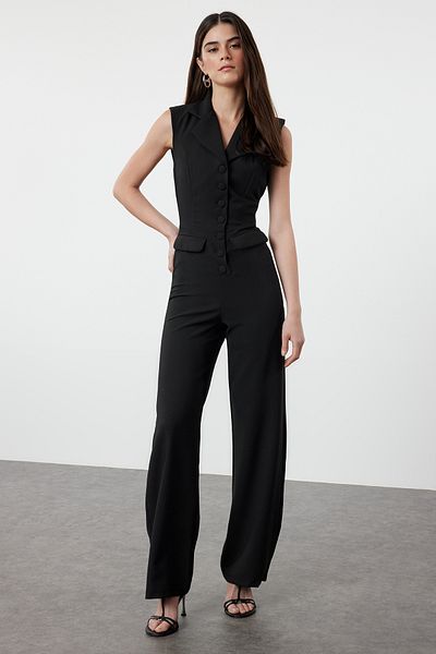 Trendyol Collection Černý overal Maxi Length - Detail bundového límce, Tkaný TWOSS24TU00053