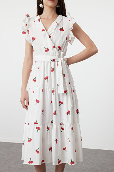 Trendyol Collection Virágos öves A-vonalú dupla nyakú, bélelt szőtt ruha sok színben