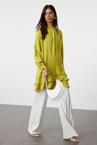 Trendyol Modest Ölgrüne Viskose-Tunika - Rüschenrock TCTSS24UK00042