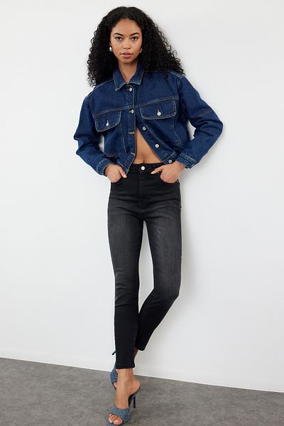 Trendyol Collection Blugi skinny negri premium cu talie înaltă TWOAW25JE00000
