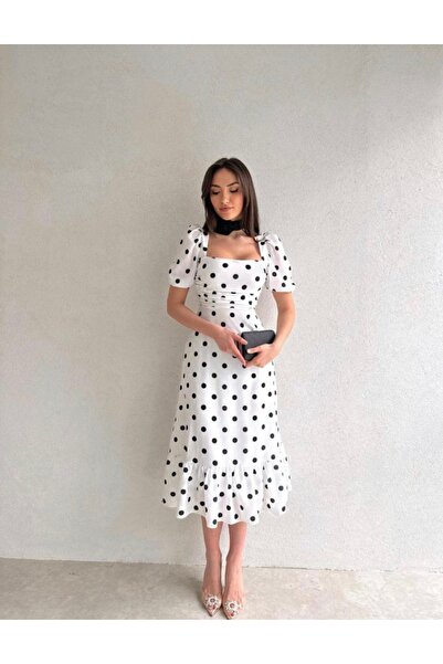 Afiş Butik Beyaz Puantiyeli Drapeli Kare Yaka Uzun Elbise