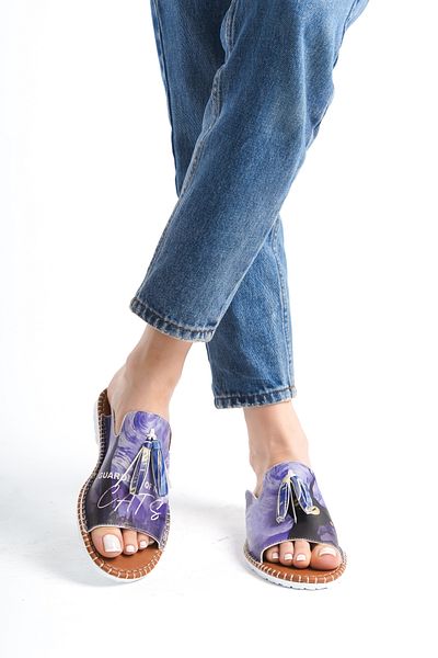 EPTC Papuci cu ciucuri din piele naturală cu model Van Gogh și pisică - albastru, papuci de plajă, slim fit