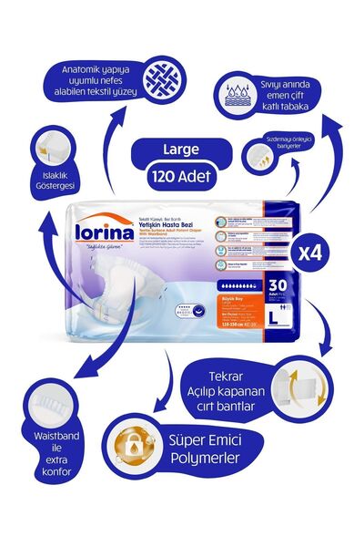 LORİNA Tekstil Yüzeyli Bel Bantlı Yetişkin Hasta Bezi Large 30'lu 4 Paket 120...
