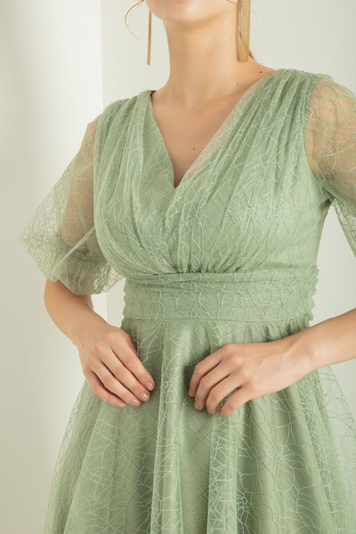 Lafaba Dámské mátově zelené stříbřité večerní šaty s balonovým rukávem