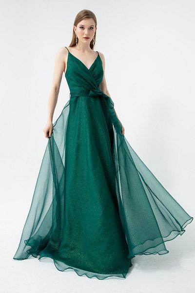 Lafaba Smaragdgrünes, zweireihiges, silbernes Abendkleid mit Ausschnitt und Gürtel für Damen
