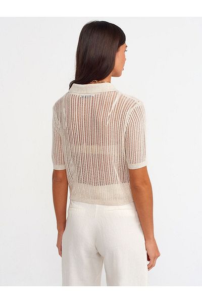 Dilvin 10376 Polo Neck Buttoned Short Sleeve Sweater-ecru