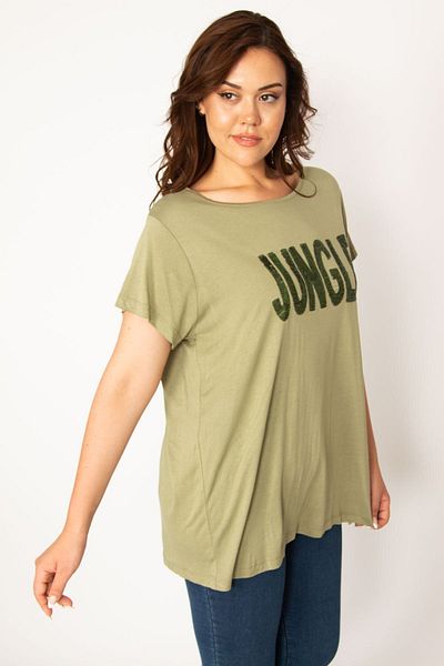 Şans Women's Large Size Khaki Front Sequin Detailed Blouse 65n33918