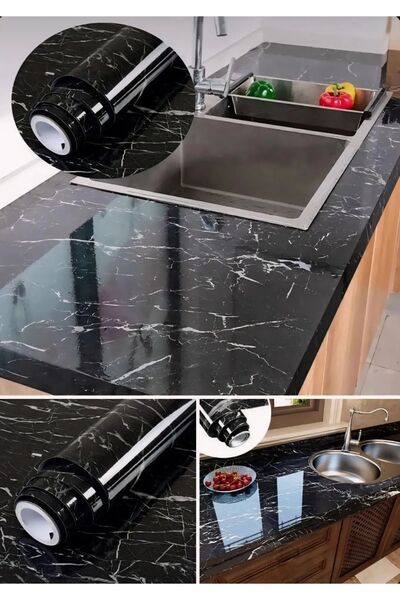 Genel Markalar Mermer Desenli Siyah Folyo Kaplama 5 Metre Tezgah Dolap Mutfak...