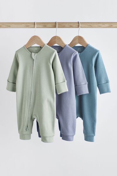 Next Baby 100 Cotton Mint / Blue Ribbed Footless 3 Piece sleep suit
