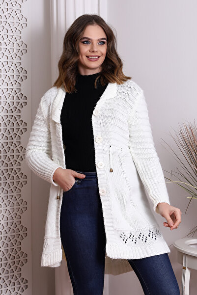 Cotton Mood Cm88002 Knitwear Buttoned Front Cord Laced Long Cardigan Ecru