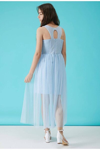 LAYDAKİDS Kız Çocuk Güpürlü Içi Kısa Arkası Uzun Tül Kuyruklu Abiye Elbise