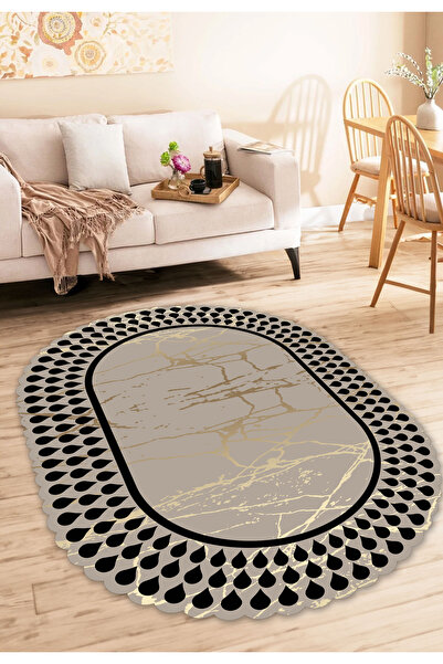 CAPPİO HALI Dijital Baskılı Makinada yıkanabilir Oval Salon Halısı Mutfak Hal...