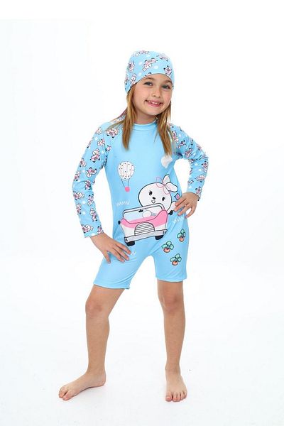 PODIUM GYM Girls' Swimsuit - New Trendy, Cute Rabbit Print, UV Protection, Hat-Zipper, Long Sleeve