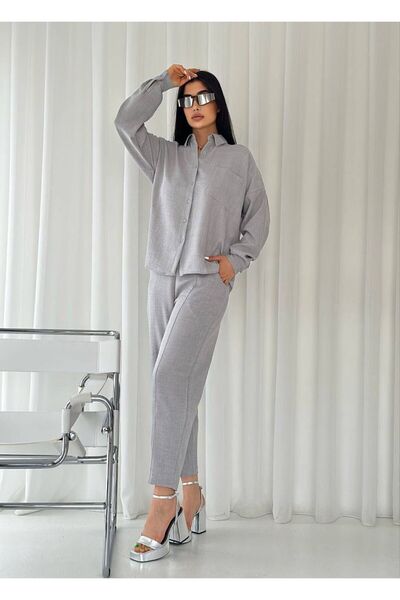 İkmal Women's Gray Double Linen Shirt Pants Bottom Top Set