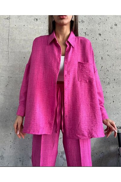 İkmal Dámské fuchsiové dvojité plátěné košilové kalhoty Bottom Top Set