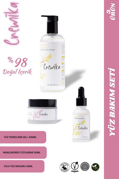 cremika Kozmetik Cremika 3-Piece Facial Care Set - Tea Tree Cleansing Gel, Immortal Flower Serum, Niacinamide Moisturizing Cream