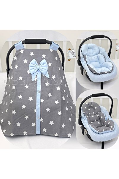 ebabynest Big Star Serisi Koyu Gri Yıldız Iç Mavi Puset Örtüsü 3'lü Set