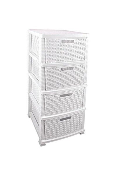 İstoç Türk Hasır Görünümlü Yanları Kapalı Plastik Dolap 4 Çekmeceli Beyaz Komidin Büyük Boy Lüks Raddan Komidin