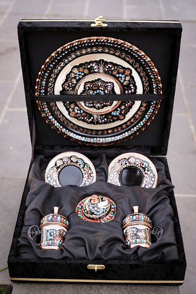 GABAALTI 2-Person Ottoman Patterned Copper Cup and Turkish Coffee Set - Enamel Box