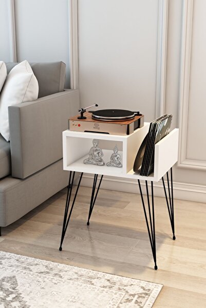 Modalanka Begonya Plak Sehpası Plak Çalar Sehpası Gramafon Sehpası Plaklık Plak Rafı Beyaz