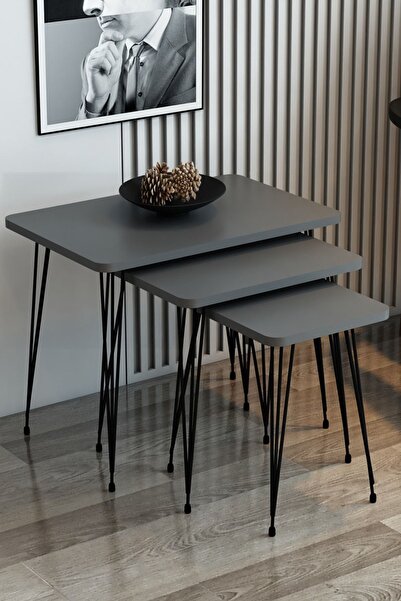 Modalanka 3'lü Zigon Sehpa Dikdörtgen Model Zigon Sehpa Metal Tel Ayak