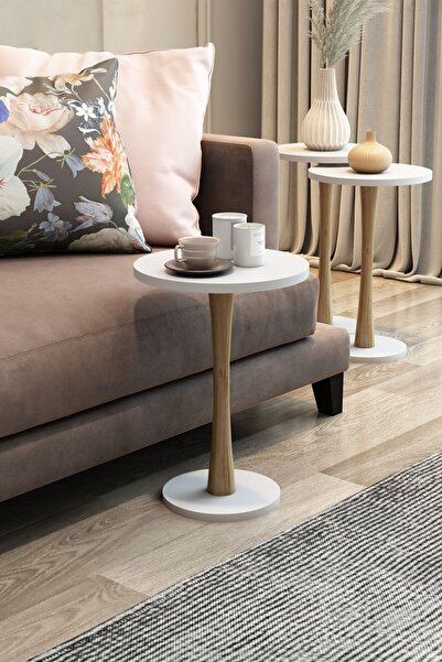 Modalanka Kum Saati 3lü Zigon Sehpa Yuvarlak Gürgen Ayak Ahşap Zigon Sehpa