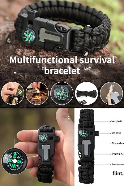 BİTERSE Survıval Pusulalı Hayatta Kalma Bilekliği Kamp Bileklik Düdük Çok Amaçlı Outdoor Aksesuar Kit