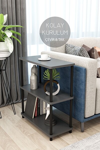 Modalanka 3 Raflı Dikdörtgen Model Yan Sehpa Kitaplık Özel Tasarım Demir Ayak