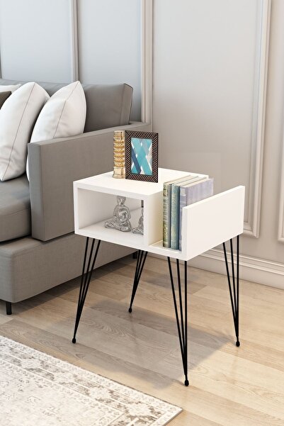 Modalanka Begonya Koltuk Yanı Sehpa Raflı Sehpa Dergilik Gazetelik Sehpa Metal Ayak Beyaz