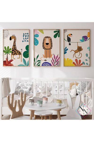 NN DECOR Maymun,Tukan,Aslan ve Zürafa 3'lü Set - Doğal Ahşap Çerçeveli, Bebek Ve Çocuk Odası Tablo Seti