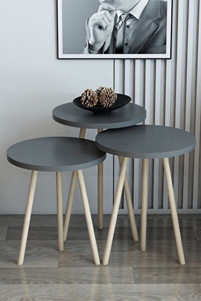 Modalanka 3'lü Zigon Sehpa Yuvarlak Model Zigon Sehpa Gürgen Ayak