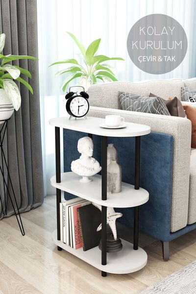 Modalanka 3 Raflı Oval Tasarım Çevir Tak Yan Sehpa Kitaplık Dekoratif Özel Ta...