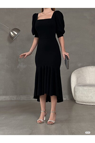 Varyete Prenses Kol Eteği Volanlı Kare Yaka Midi Boy Krep Kumaş Abiye Elbise Düğün Nişan Söz Davet