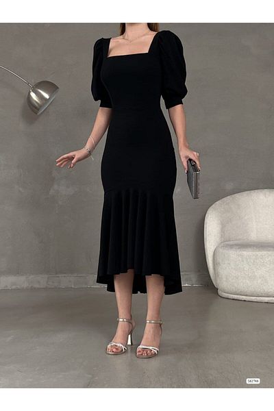 Varyete Princess Sleeve Skirt Flounce Square Neck Midi Length Crepe Fabric Evening Dress Wedding Engagement Promise Invitation
