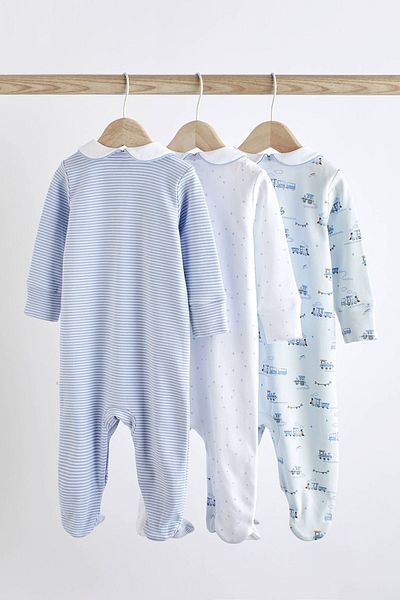 Next Baby White Blue Train Patterned 100% Cotton Baby Collar 3-Piece Overalls Set