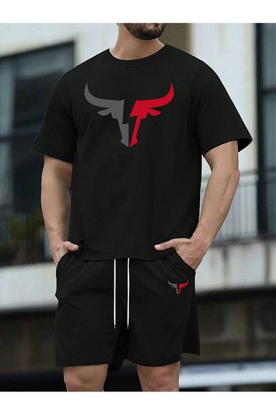 DAXİS Sportwear Company Férfi nyomtatott férfi alsó felső fekete szett - rövidnadrág póló szett