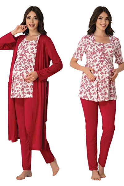 HAMİLE ÇARŞISI Women's Cherry Maternity Pajama Set with Robe, Set of 3 8014