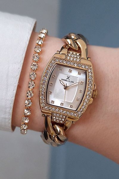 Daniel Klein Jewelled and Chained Gold Yellow Women's Wristwatch and Bracelet Gift