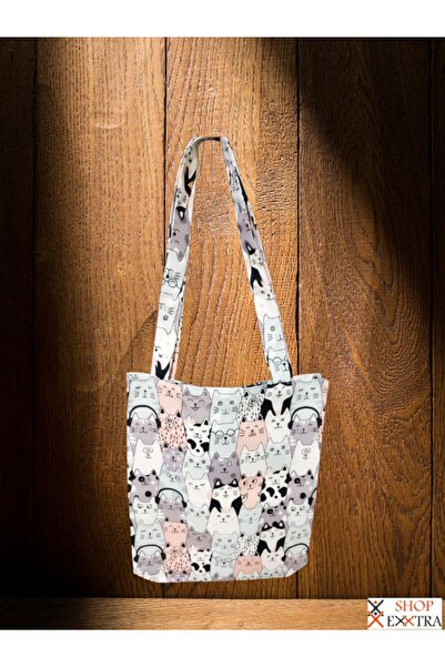 shopExxtra Cats Listening to Music Patterned Linen Bag