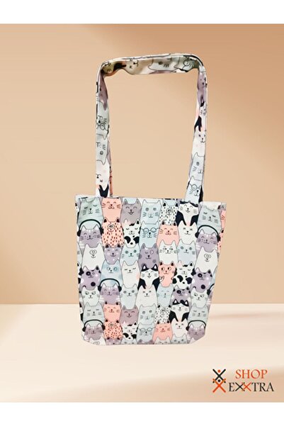 shopExxtra Cats Listening to Music Patterned Linen Bag
