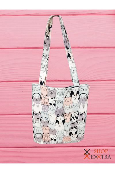 shopExxtra Cats Listening to Music Patterned Linen Bag