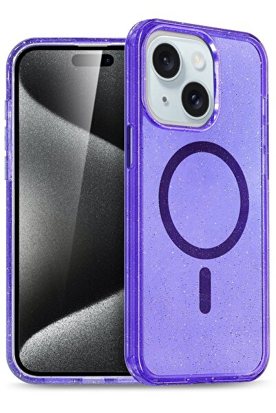 Hatreds iPhone 14 Uyumlu Magsafe Simli Tasarımlı Renkli Transparan Kılıf - Mor