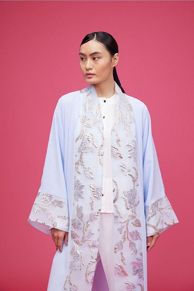 Nuum Design Brocade Garnished Abaya Light Blue & Shawl