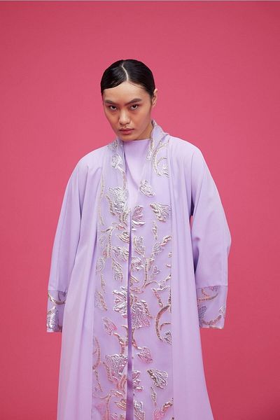 Nuum Design Brocade Garnished Abaya Lilac & Shawl