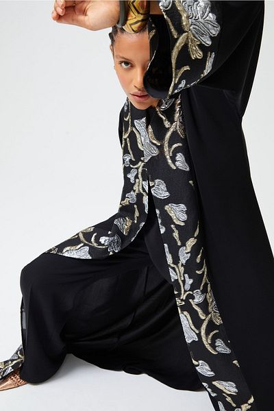 Nuum Design Brocade Garnished Abaya Black & Shawl