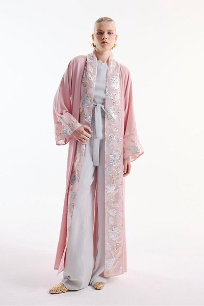 Nuum Design Pink Brocade Garnished Abaya and Shawl
