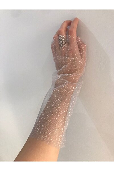 VENÜS MODA by Pınar Ασημί γκλίτερ τούλινα γάντια χωρίς δάχτυλα Γάντια γάμου Γάντια αρραβώνων