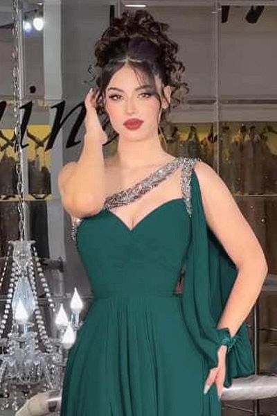 Gold Dresses One Shoulder Slit Long Chiffon Evening Dress