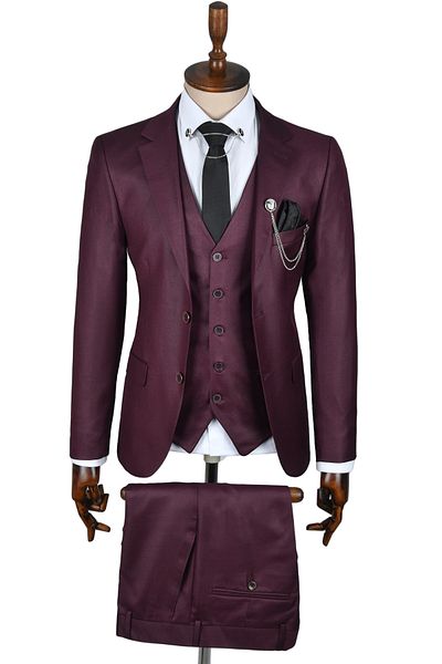 DeepSEA Férfi Slim Fit Plum 3 részes öltöny - dupla gombos és hasított részletekkel 2301501