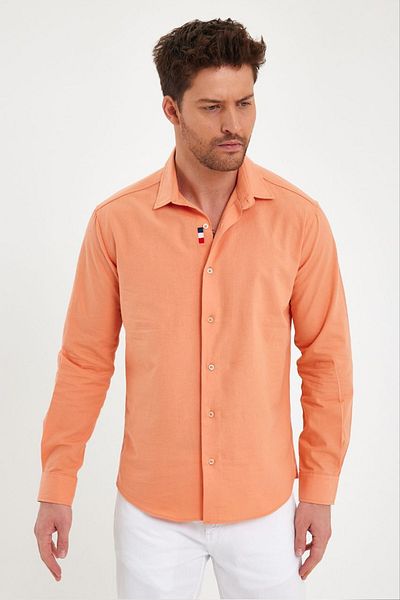 DeepSEA Оранжева мъжка риза Slim Fit - дълъг ръкав, с копчета 2403012